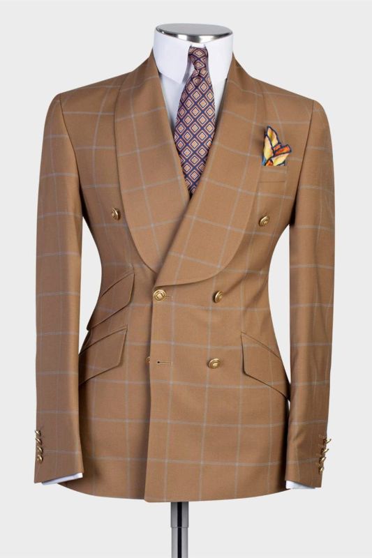 Antony Brown Chic Shawl Lapel Plaid Double Breasted Men Suits