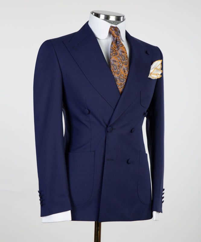 Elegant Dark Navy Plaid Notched Lapel Men Suit main image 1