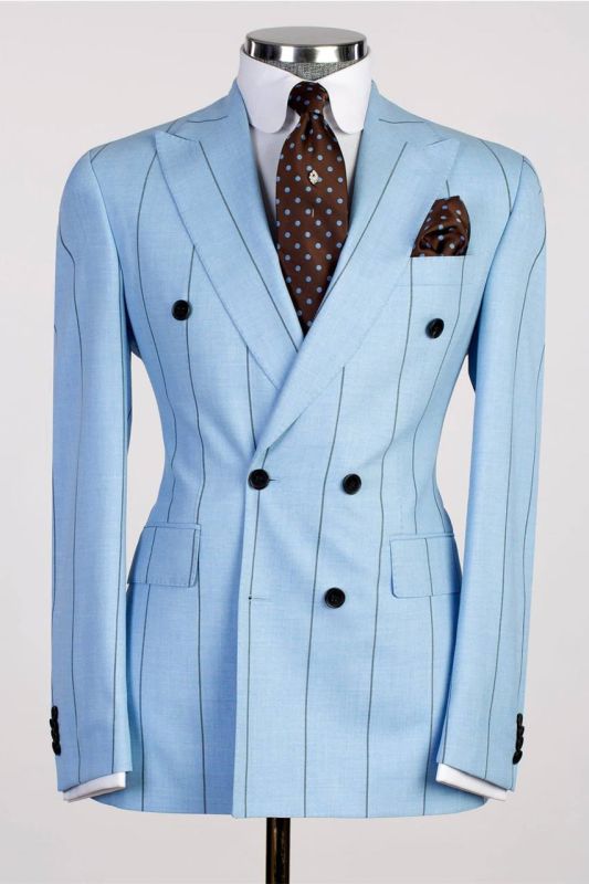 Robin Fashion Blue Stripe Slim Fit Peaked Lapel Two Pieces Men Suits