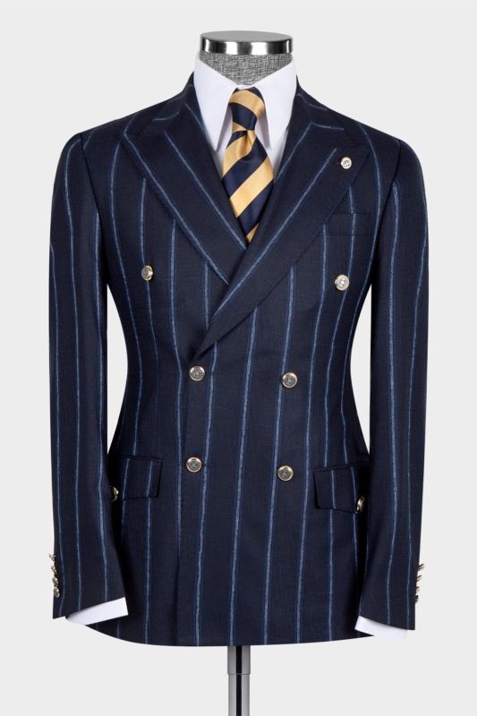 Lewis Fashion Navy Blue Stripe Peaked Lapel Double Breasted Busibess Men Suits