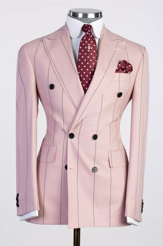 Norbert Bespoke Pink Stripe Peaked Lapel Double Breasted Men Suits