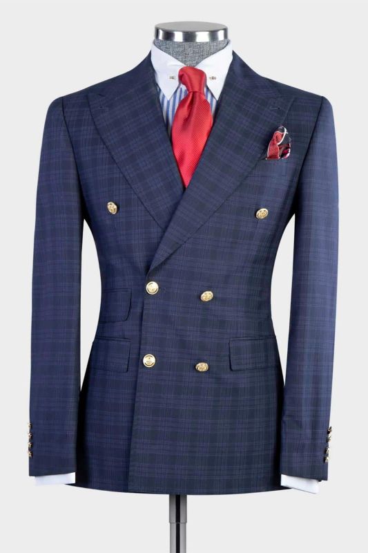 Lance Stylish Navy Plaid Peaked Lapel Slim Fit Tailored Men Suit For Business