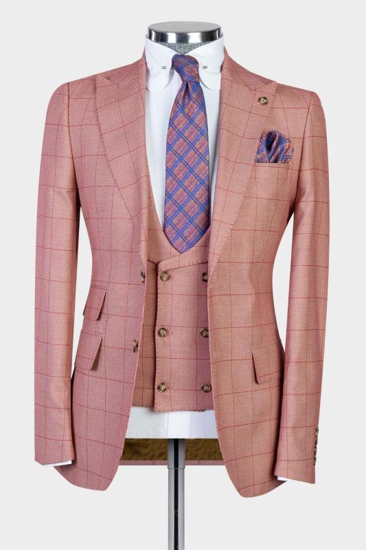 Stuart Fashion Pink Plaid Slim Fit Peaked Lapel Three Pieces Men Suits