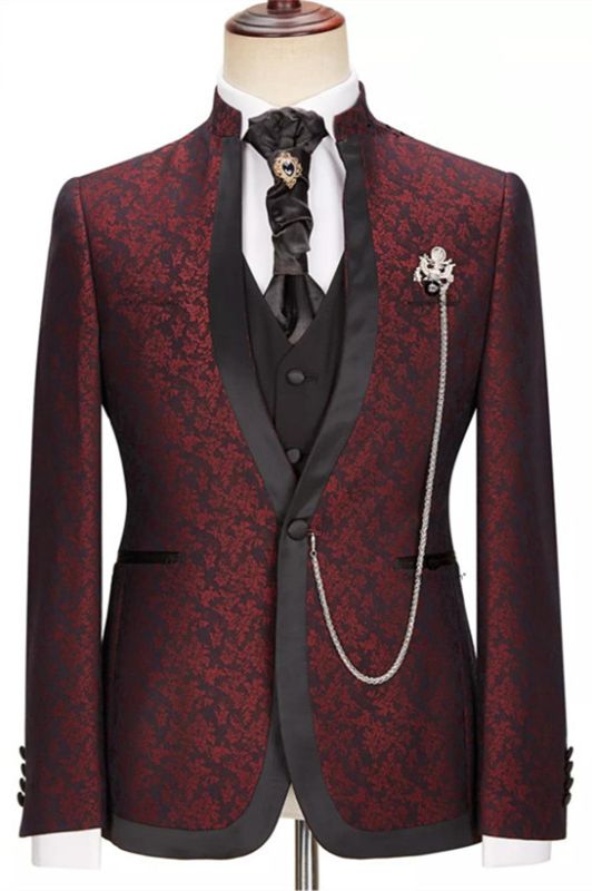 Timothy Burgundy Jacquard One Button Stylish 3-Pieces Wedding Suits With Sepcial Lapel