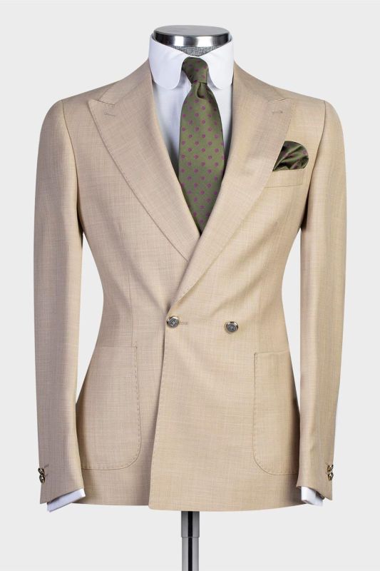 Gareth Champagne Peaked Lapel Double Breasted Fashion Prom Men Suits