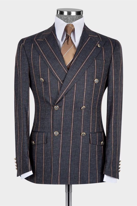 Kenneth Newest Peaked Lapel Dark Grey Stripe Double Breasted Men Suits
