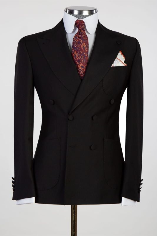Elmer Black Double Breasted Peaked Lapel Business Men Suits