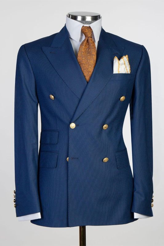 Louis Fashion Dark Blue Stripe Peaked Lapel Double Breasted Busibess Men Suits