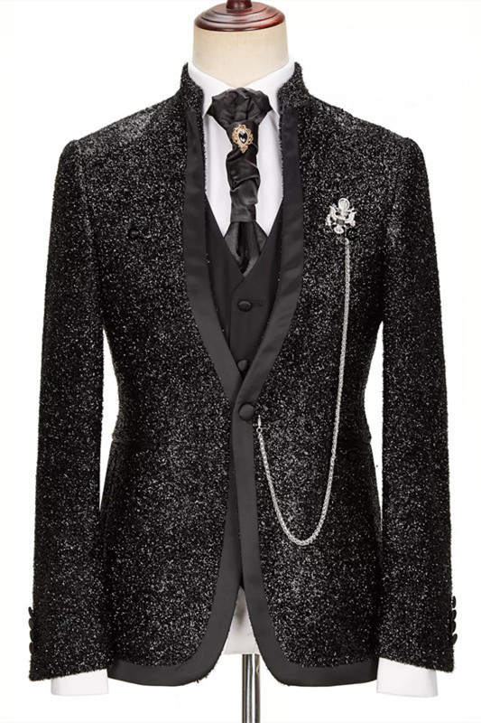Abraham Black Glaring Stand Collar Fashion Three Pieces Prom Suits
