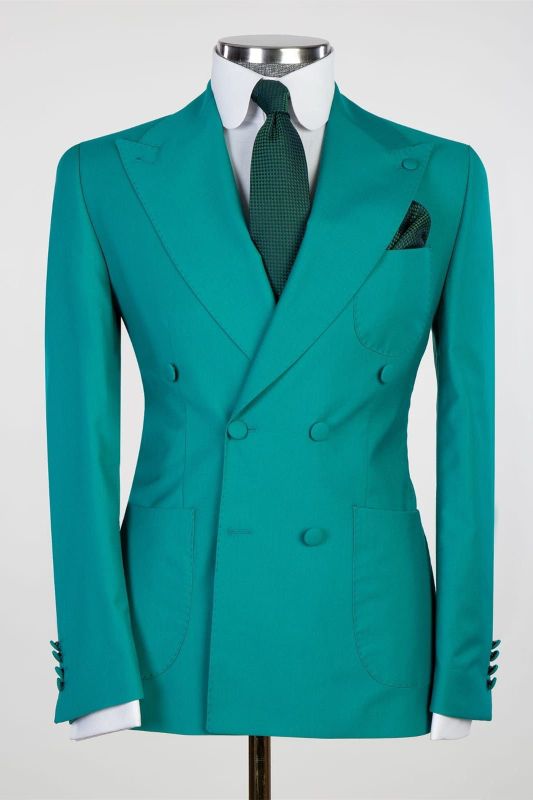 Floyd Chic Green Close Fitting Two Pieces Double Breasted Peaked Lapel Prom Suits