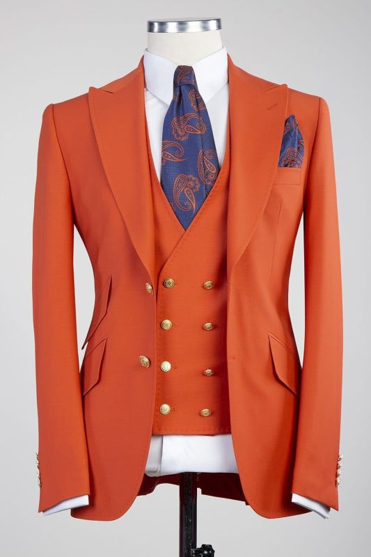 Bradford Fashion Orange Peaked Lapel Three Pieces Men Suits