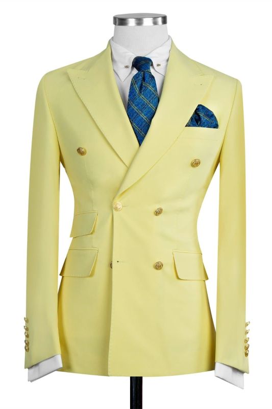 Bertran Yellow Fashion Double Breasted Peaked Lapel Men Suits