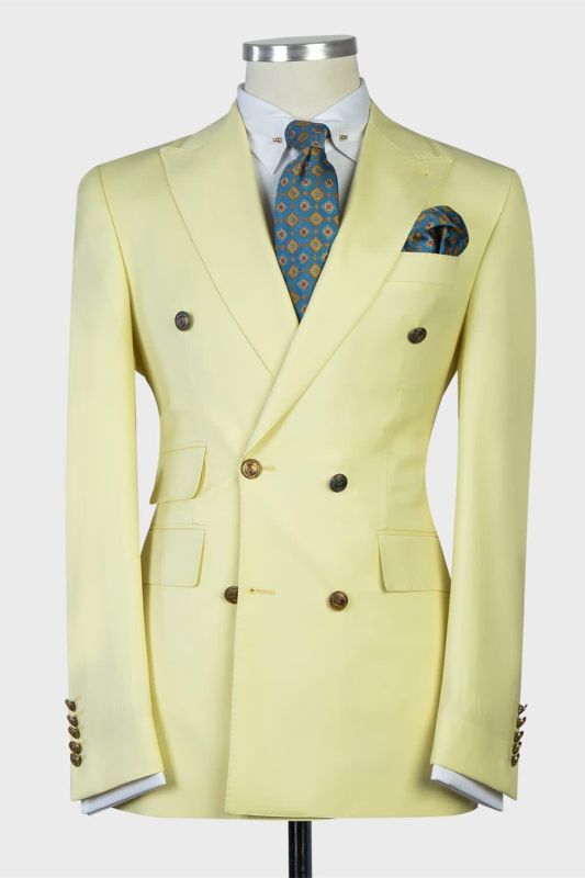 Dustin Newest Light Yellow Double Breasted Peaked Lapel Men Suits