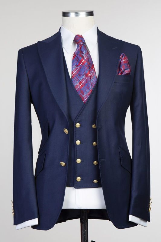 Archie Dark Navy Chic Peaked Lapel Three Pieces Men Suits