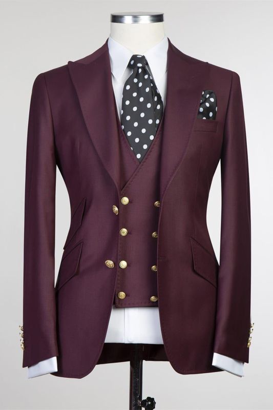 Darrell Fashion Burgundy Three Pieces Peaked Lapel Men Suits