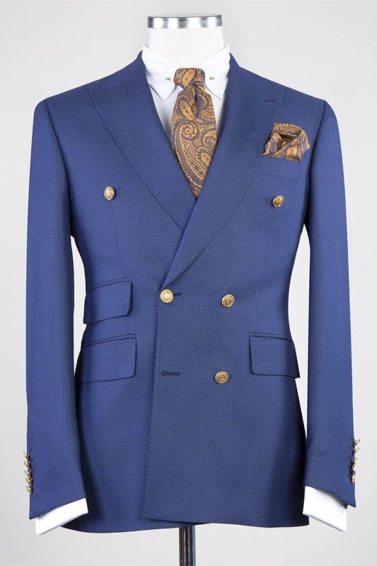 Freddie Fashion Dark Blue Slim Fit Peaked Lapel Two Pieces Men Suits