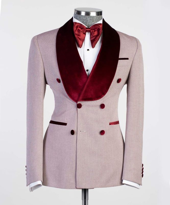 Look Sharp in 2 Piece Burgundy Prom Suit with Shawl Lapel main image 0