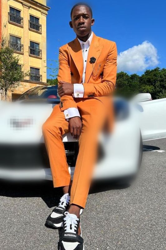 Fashion Orange Silm Fit Peaked Lapel Prom Men Suits
