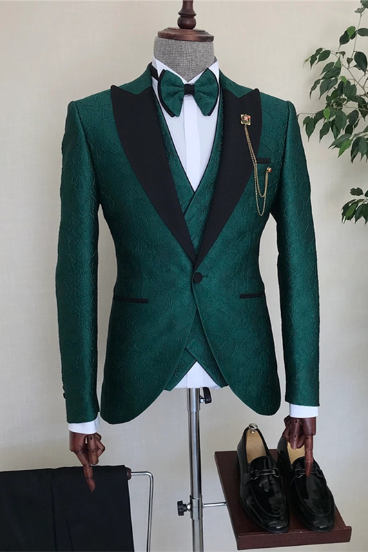 Aidan Dark Green Three Pieces Jacquad Peaked Lapel Men Suit