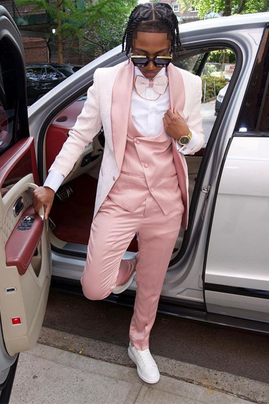 Mason Fashion Pink Shawl Lapel Jacquard Three Pieces Prom Men Suit