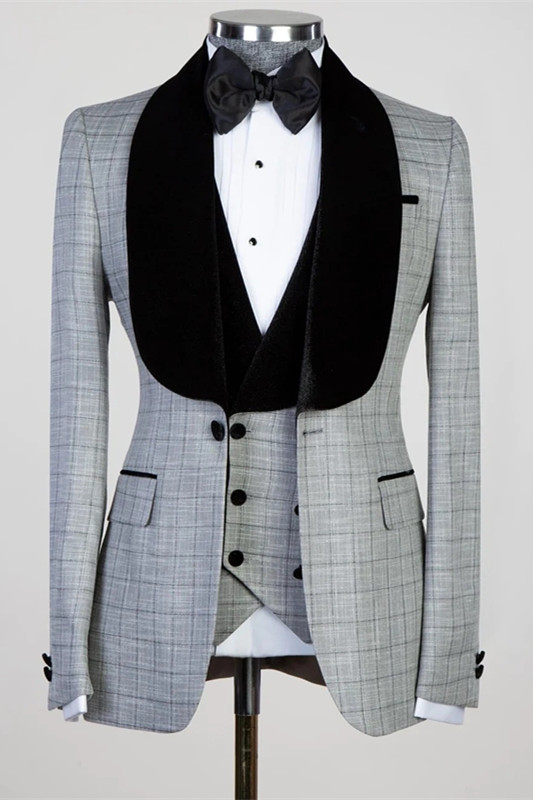 Eric Bespoke Gray Plaid Three Pieces Men Suits for Wedding