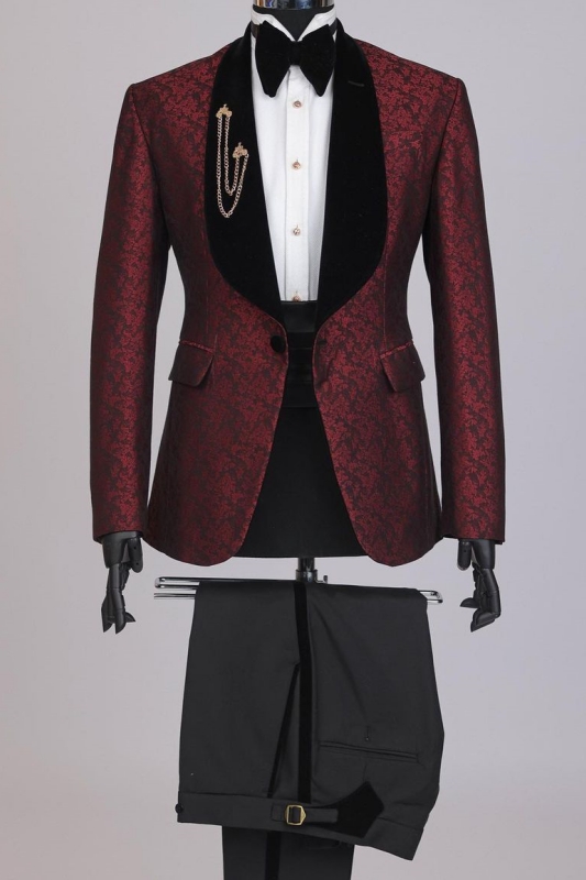 Williamson Fancy Burgundy Jacquard Shawl Lapel Wedding Suits For Men