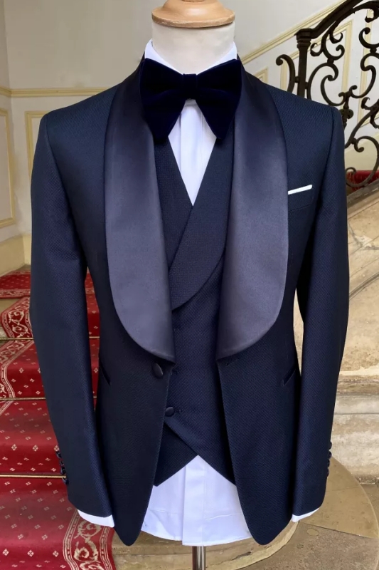 Navy Blue Fashion Slim Fit Shawl Lapel Set with One-Button Closure