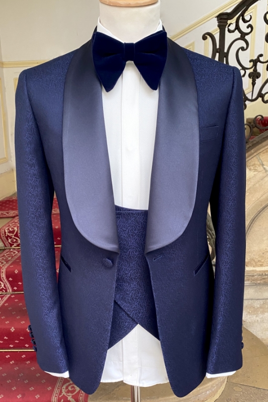 Wallace Fancy Navy Blue Jacquard Three Pieces Wedding Suits
