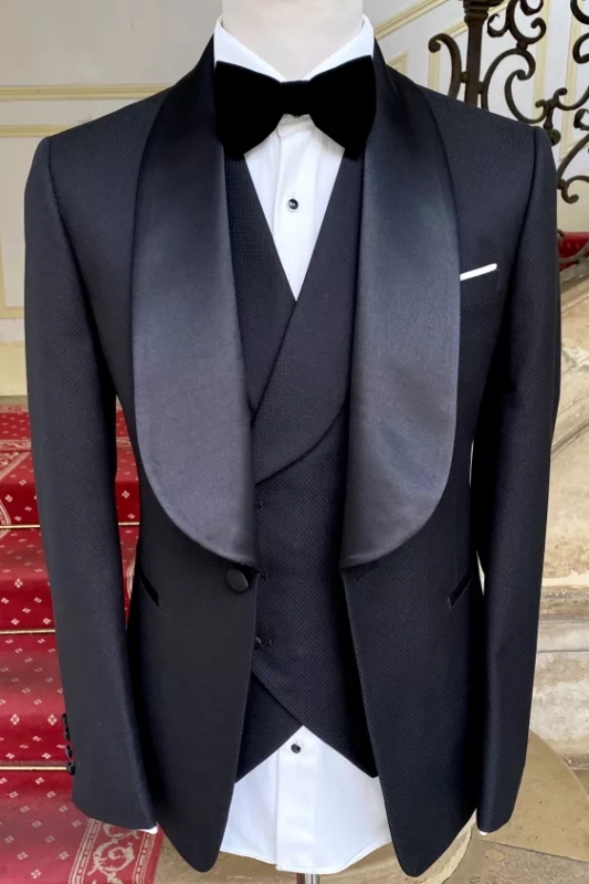 Walter Formal Black Shawl Lapel Three Pieces Wedding Suits