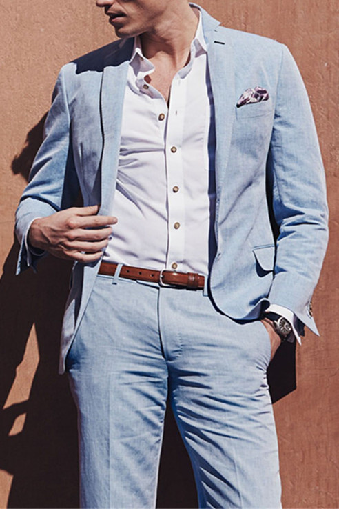 Fashion Casual Sky Blue Summer Men Suits | 2 Pieces Linen Beach Wedding Suits for Men