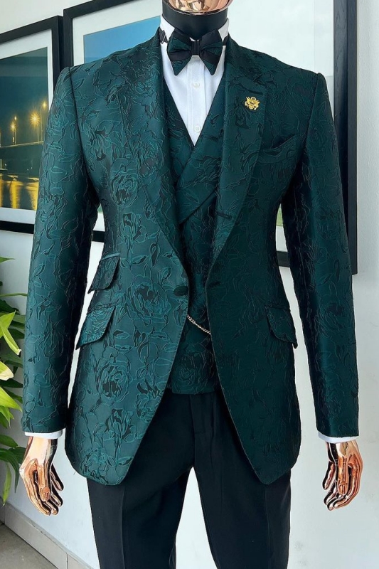 Warren Dark Green Notched Lapel Three Pieces Close Fitting Prom Suits