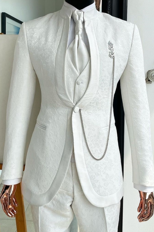 York Stylish White Jacquard Three Piece Wedding Suits