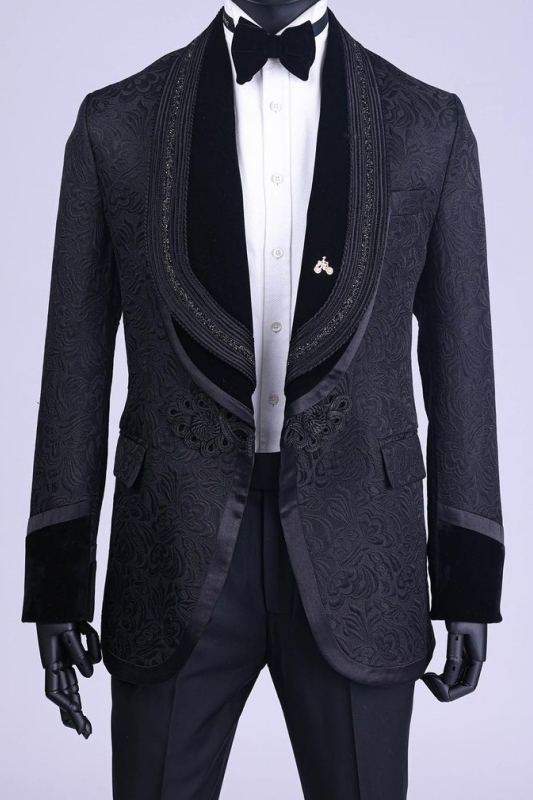 Will Glamorous Black Jacquard Shawl Lapel Two Pieces Wedding Suits