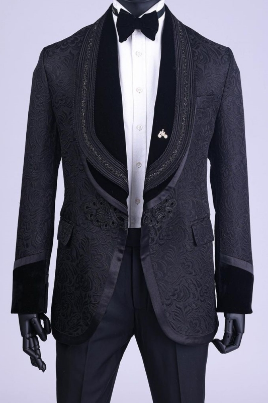 Black and White Floral Jacquard Wedding Suit with Shawl Lapel main image 1