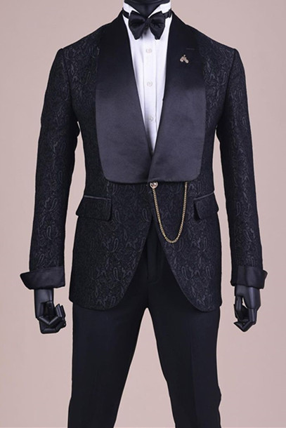 New Arrival Black Jacquard Shawl Lapel Wedding Groom Suits