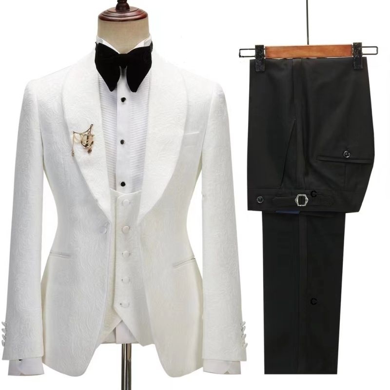 One Button Wedding Suit - Fashionable White Jacquard Lapel Shawl