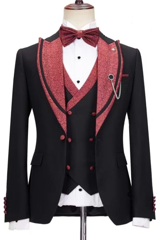 Jensen Bespoke Black Peaked Lapel Three Pieces Prom Suits