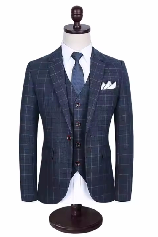 Dennis Gentle Navy Notched Lapel Three Pieces Plaid Business Suits