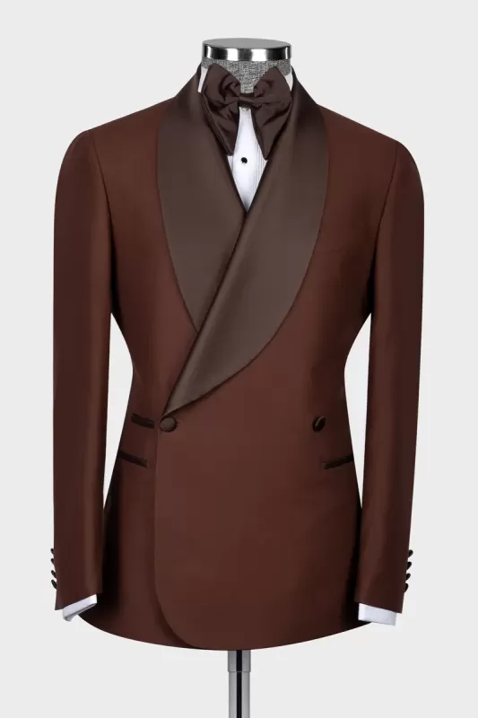 Larry Glamorous Brown Shawl Lapel Double Breasted Wedding Suits