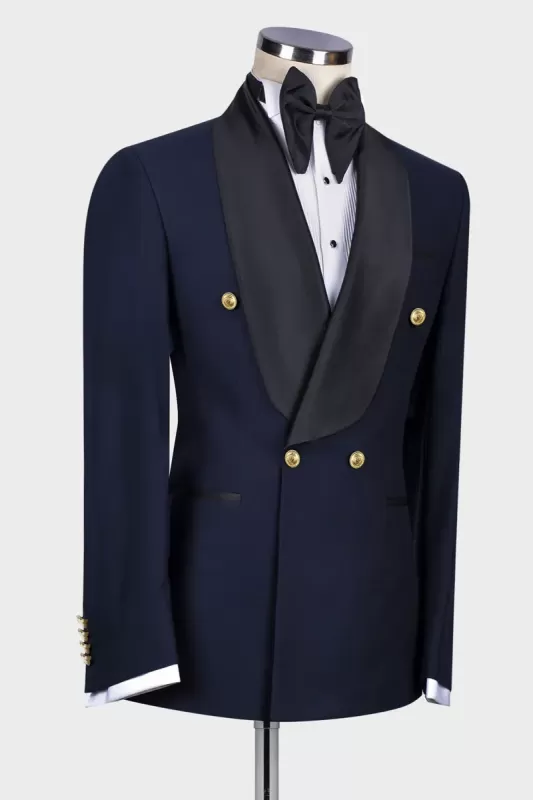 Luciano Navy Blue Sparkly Shawl Lapel Wedding Suits with Black Lapel main image 1