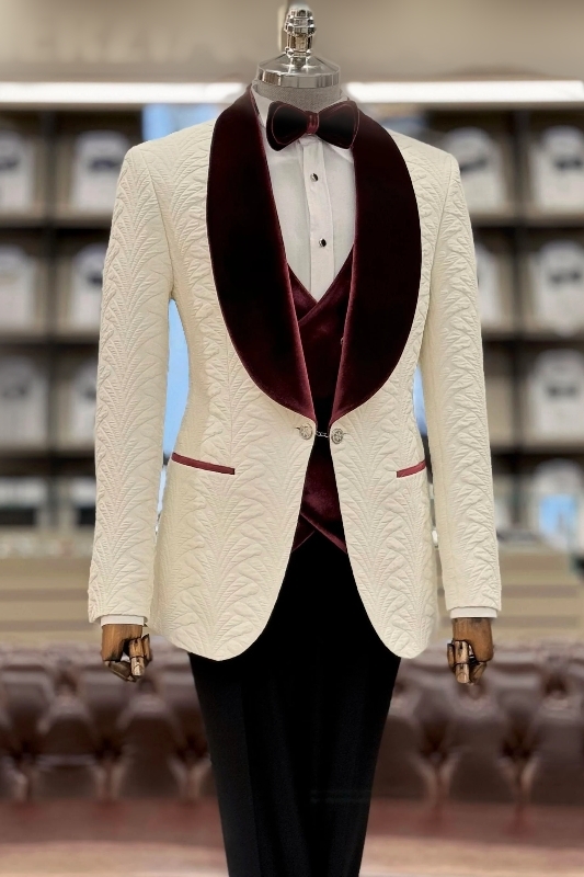 Michell Chic White Jacquard Three Pieces Wedding Suit With Burgundy Velvet Lapel