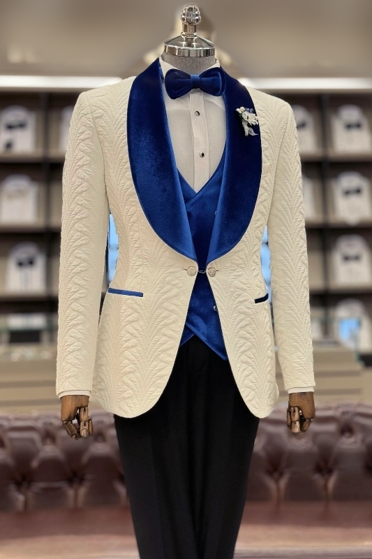 Miles Fancy White Jacquard Three Pieces Wedding Suits With Royal Blue Lapel