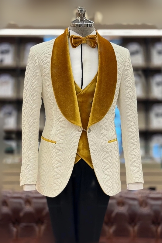 Mick Classical White Jacquard Three Pieces Wedding Suit With Gold Velvet Lapel