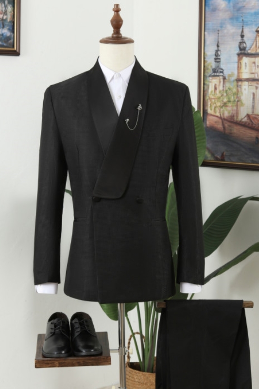 Dark Navy Jacquard Double Breasted Sparkle Shawl Lapel Men Suits For Wedding by Jane