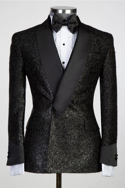 Shawl Lapel Sparkling Black Mens Suit with Ribbon Belt Allaboutsuit