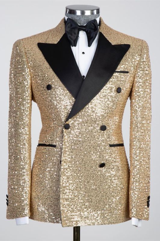 Sparkling Gold Sequins Black Peaked Lapel Mens Prom Suit Online