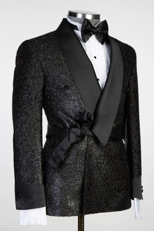 Shawl Lapel Sparkling Black Men's Suit with Ribbon Belt