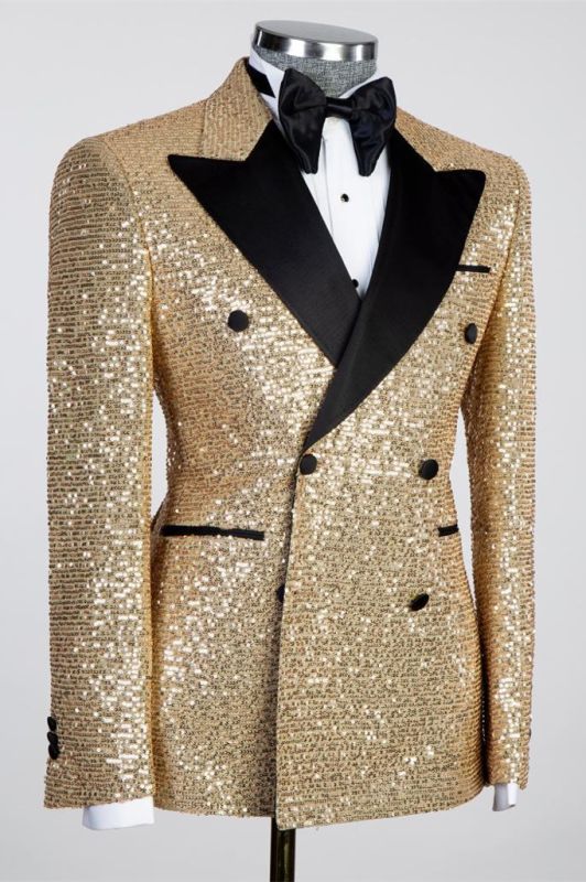 Sparkling Gold Sequins Black Peaked Lapel Mens Prom Suit Online