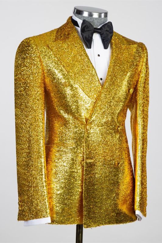 2 Piece Sparkly Gold Peak Lapel Women Prom Suits With Sleeves