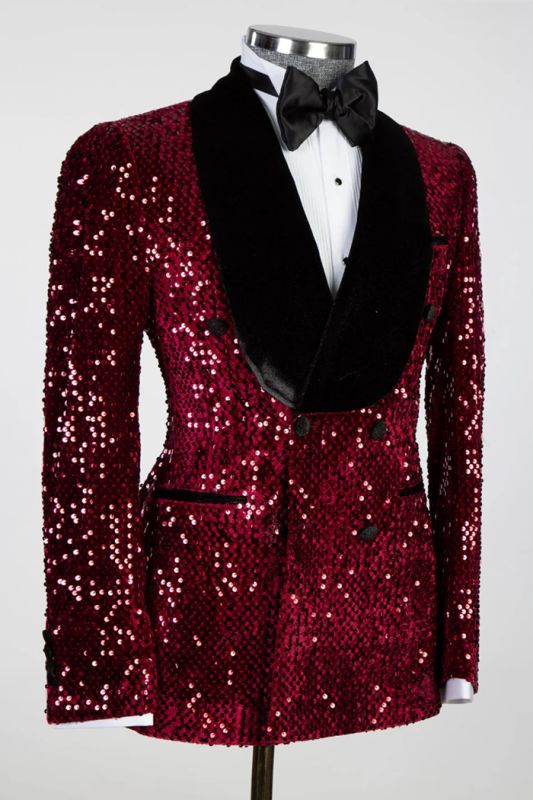 Look Sharp in 2 Piece Burgundy Prom Suit with Shawl Lapel